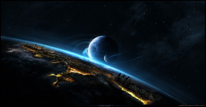 Planet with rings and moon over a damaged Earth
