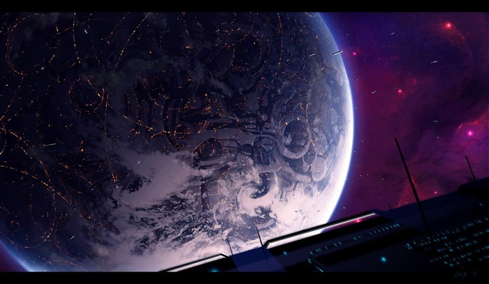 Planet with city lights and spacecraft in space