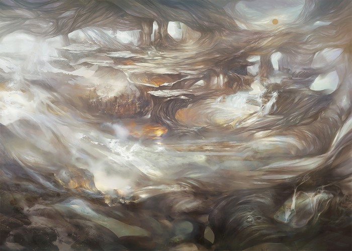 Fantasy landscape painting with surreal rock formations and water