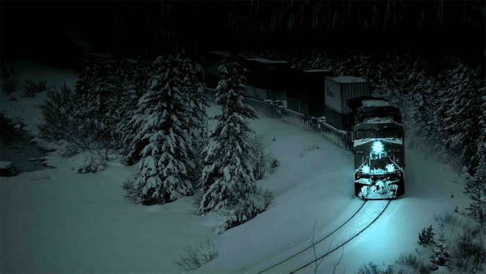 Freight train in a snowy forest at night