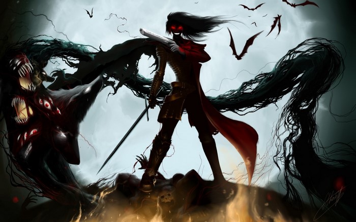 Alucard from Hellsing fighting a monster with bats