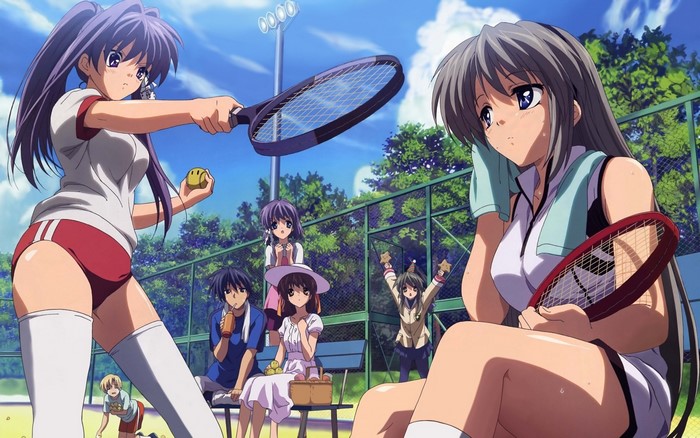 Anime girls playing tennis on a court