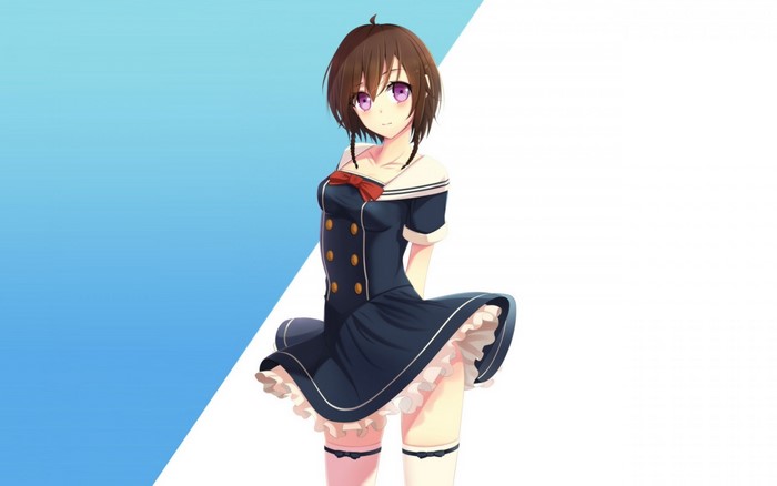 Anime girl with brown hair and purple eyes in a sailor outfit