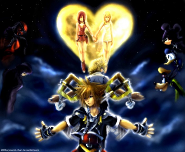 Sora and friends from Kingdom Hearts in front of a heart moon