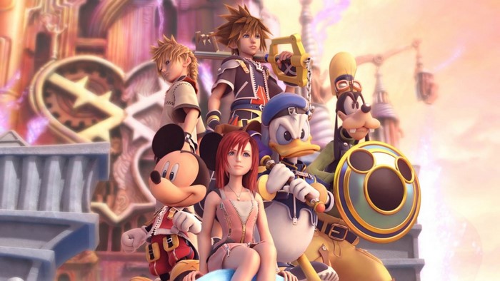 Sora, Kairi, Riku, Mickey, Donald, and Goofy from Kingdom Hearts