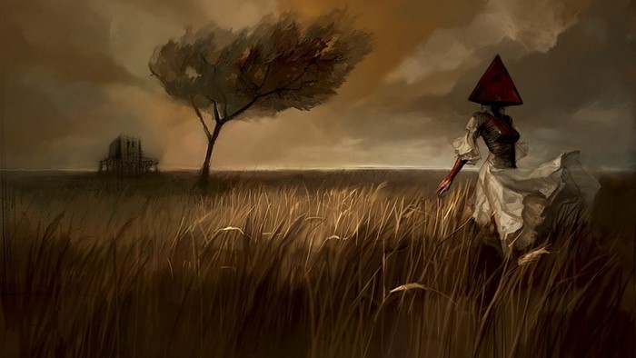 Pyramid Head from Silent Hill in a field