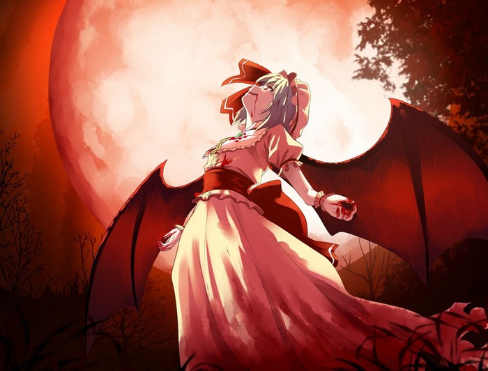 Remilia Scarlet from Touhou with bat wings and red moon