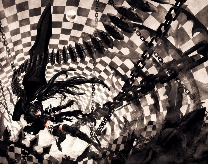Black Rock Shooter with chains and checkered background