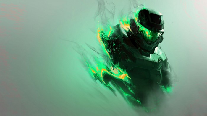 Master Chief from Halo with green energy effects