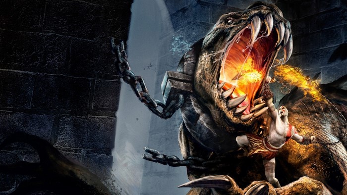 Kratos fighting a chained monster in God of War