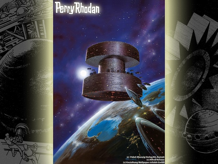 Perry Rhodan poster with spaceships and Earth