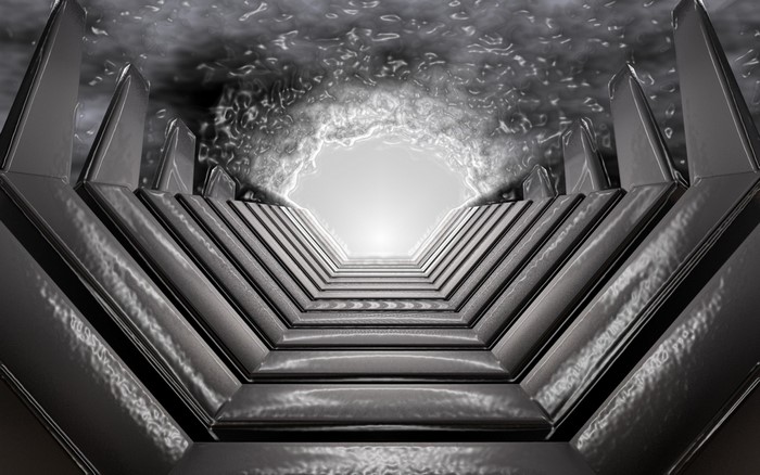 Monochrome CGI tunnel with bright light at the end