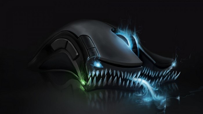 Razer gaming mouse with demonic features and glowing effects