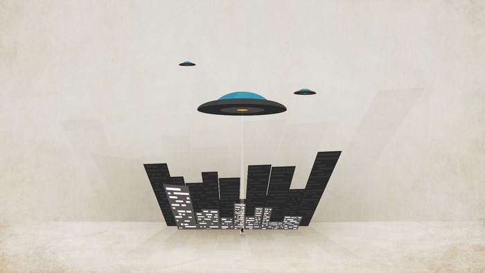 UFOs hovering over a stylized city skyline