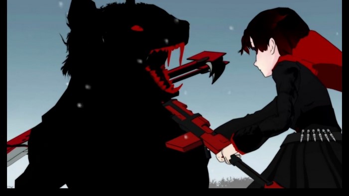 Ruby Rose fighting a Grimm bear in RWBY