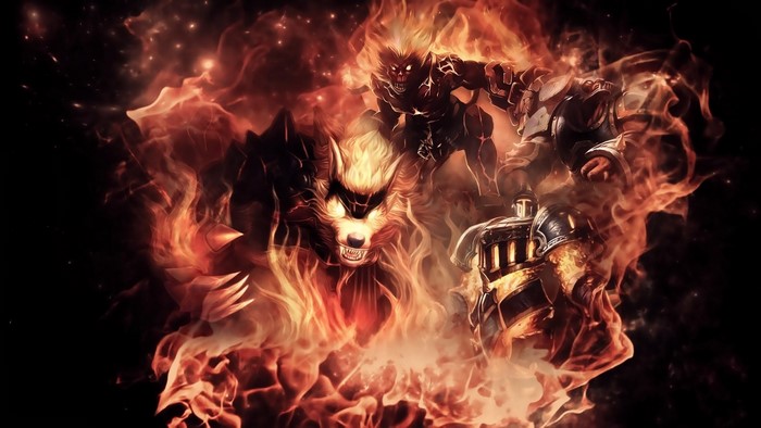 Four fiery characters in a dark, starry background