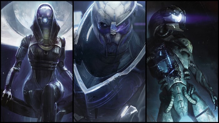 Mass Effect collage featuring Legion, Garrus Vakarian, and a Geth