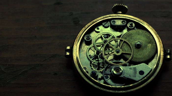 Close-up of a vintage pocket watch mechanism