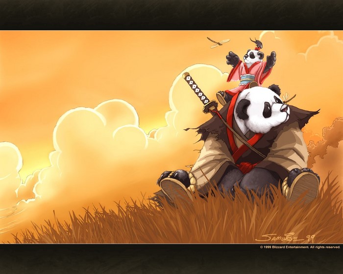Pandas with a sword in a field at sunset