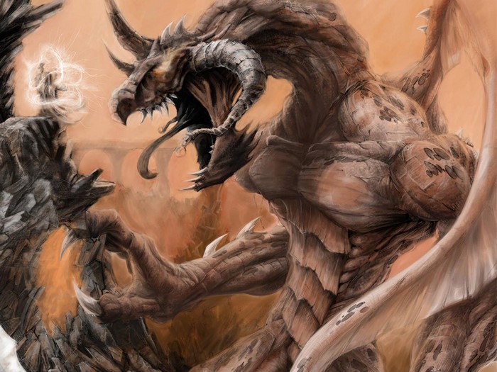 Dragon fighting a stone creature with magic