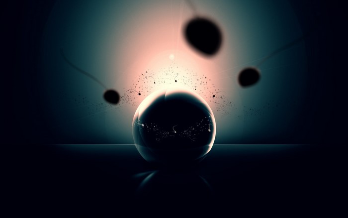 Abstract sphere with orbiting dark shapes and particles