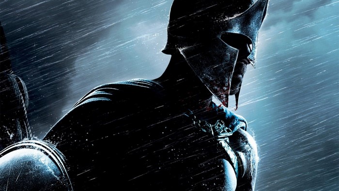 Spartan warrior in armor during a storm