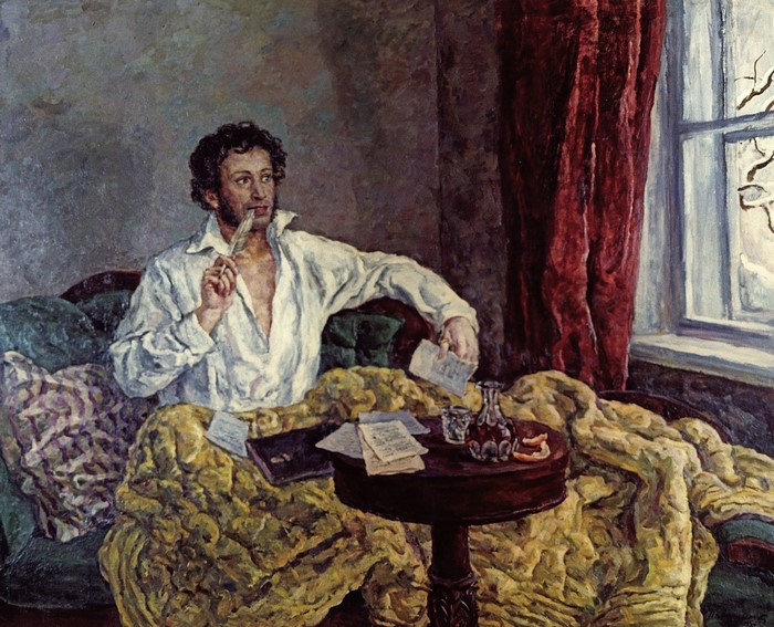Alexander Pushkin writing by a window