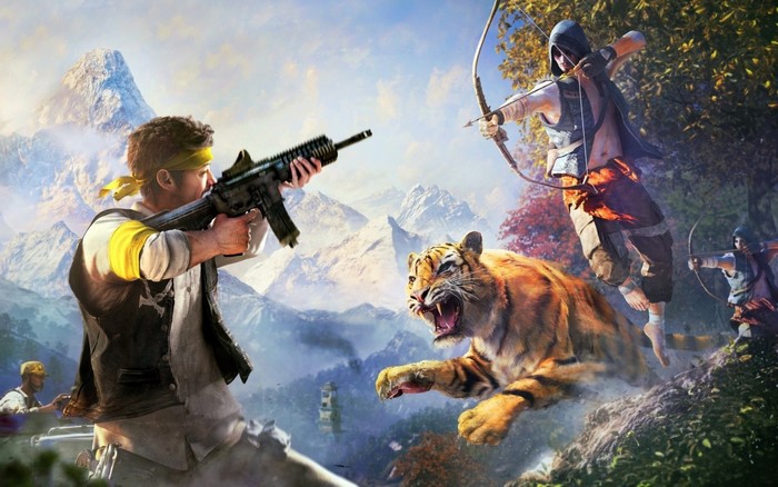 Man with rifle and archers fight tiger in mountains