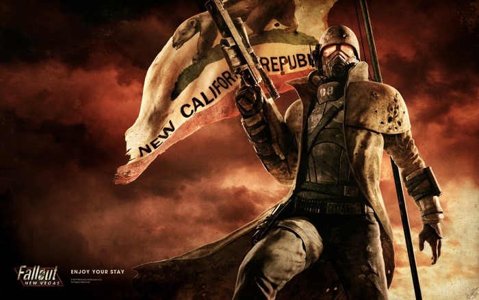 NCR Ranger from Fallout: New Vegas holding a flag