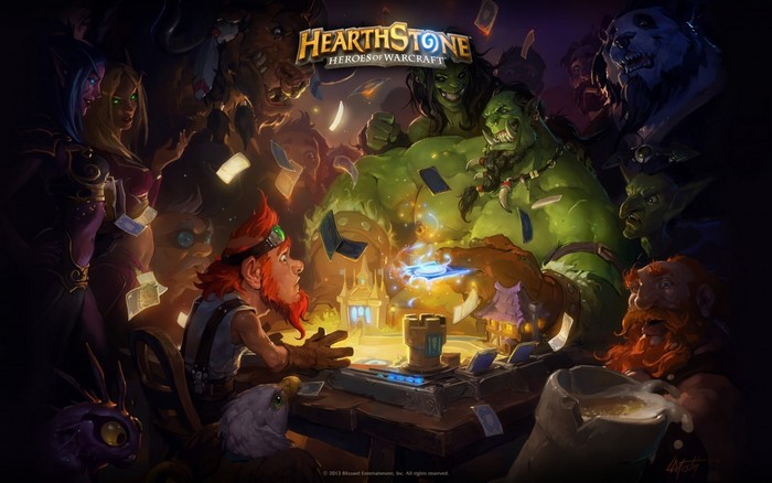 Hearthstone Heroes of Warcraft artwork with various fantasy characters playing cards