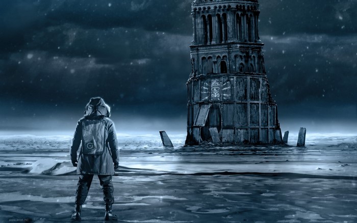 Man in winter coat facing a ruined tower in icy landscape