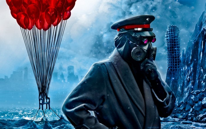 Man in gas mask and balloons over a ruined city
