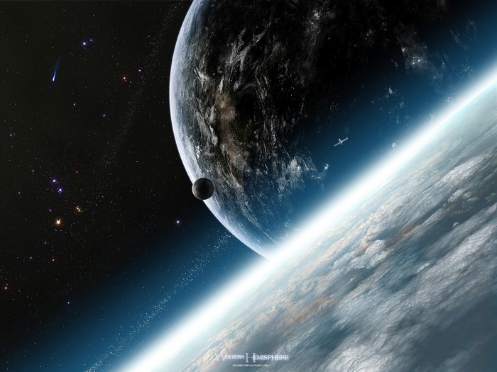 Planet and moon in outer space with a distant spacecraft