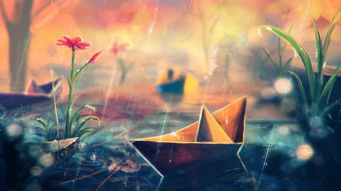 Paper boats and flowers in the rain