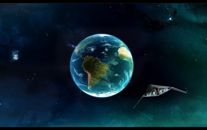 Earth and alien spacecraft in outer space