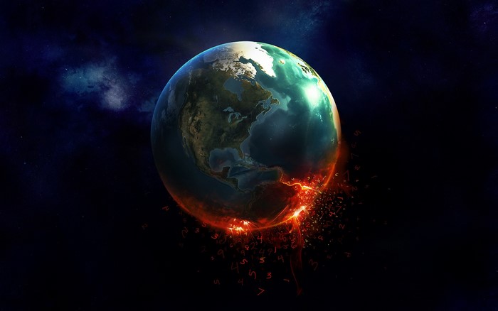 Earth breaking apart in space with numbers