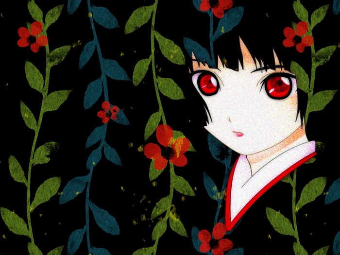 Enma Ai from Jigoku Shoujo surrounded by flowers