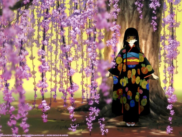 Enma Ai from Jigoku Shoujo under weeping cherry blossoms