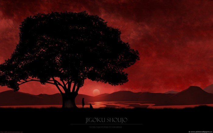 Jigoku Shoujo silhouette with sunset over mountains