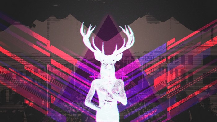 Deer-headed figure with abstract geometric patterns