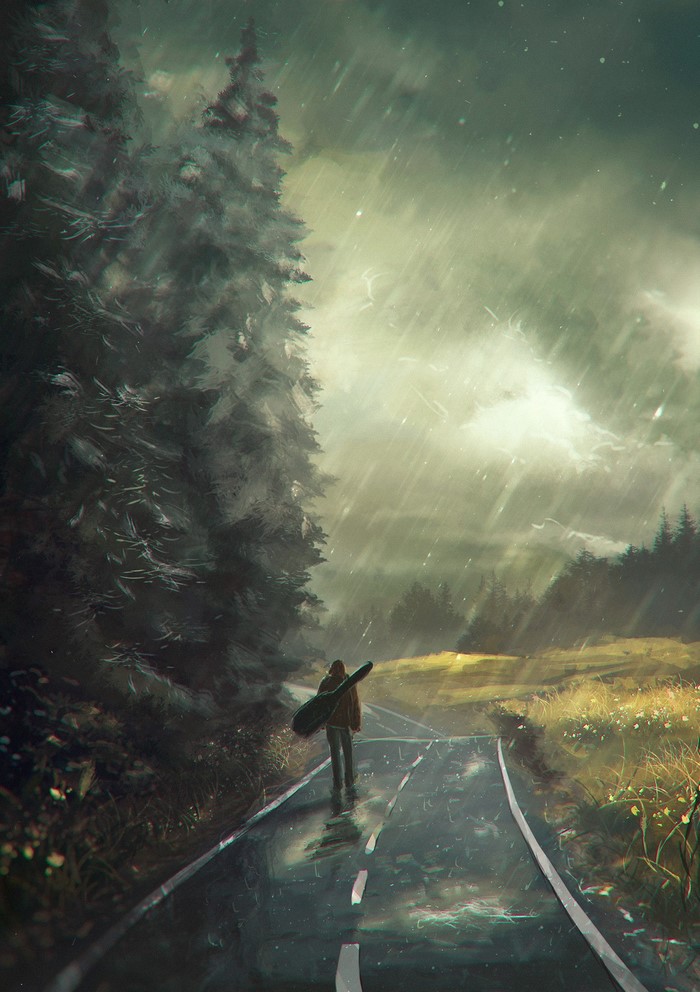 Person with guitar case walking on wet road in forest during rain