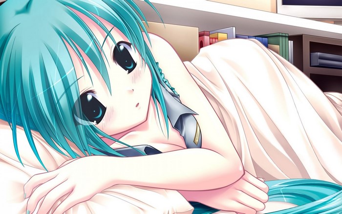 Hatsune Miku lying in bed