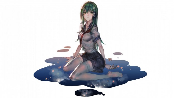 Anime girl in school uniform sitting in water