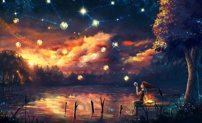 Girl blowing bubbles under starry sky with glowing orbs