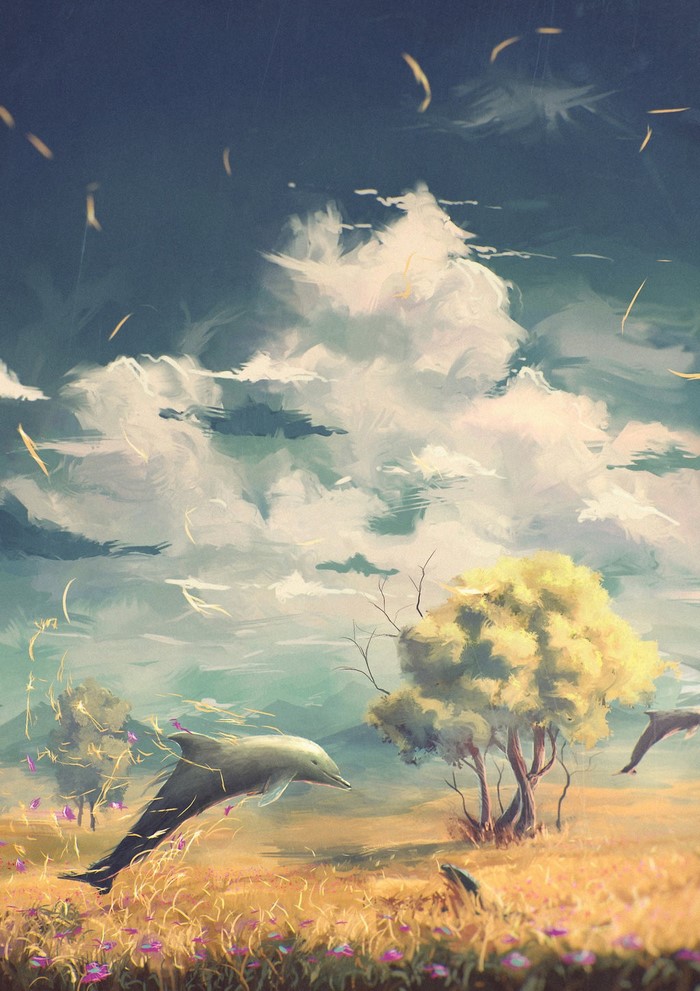 Dolphins jumping in a meadow with a tree