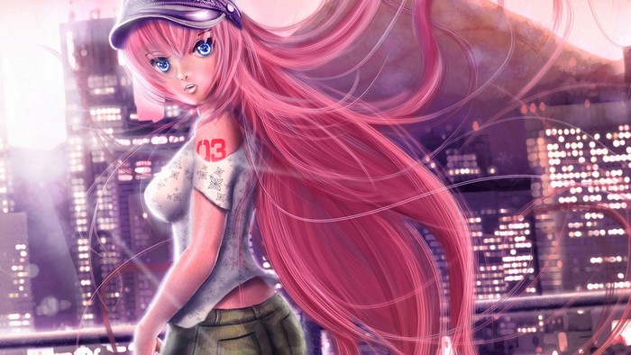 Anime girl with pink hair in a city