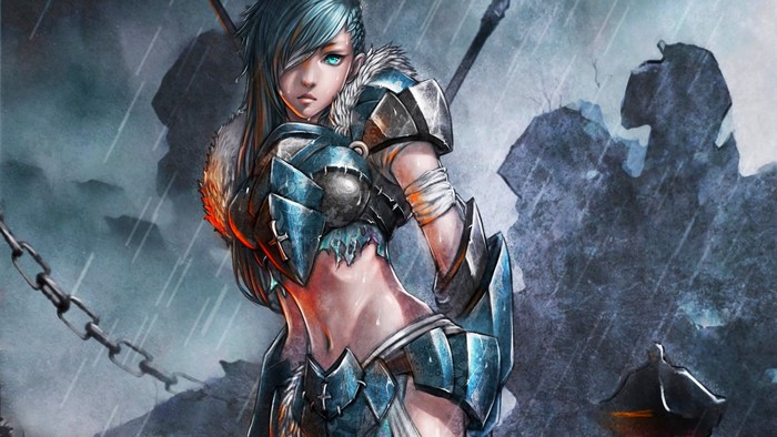 Anime warrior woman with blue eyes and armor