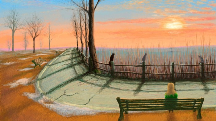 Painting of a park landscape at sunset with cats and a girl