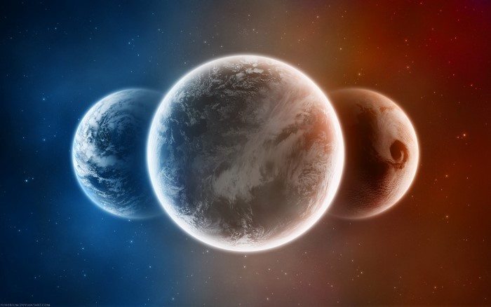 Three planets in space with starry background