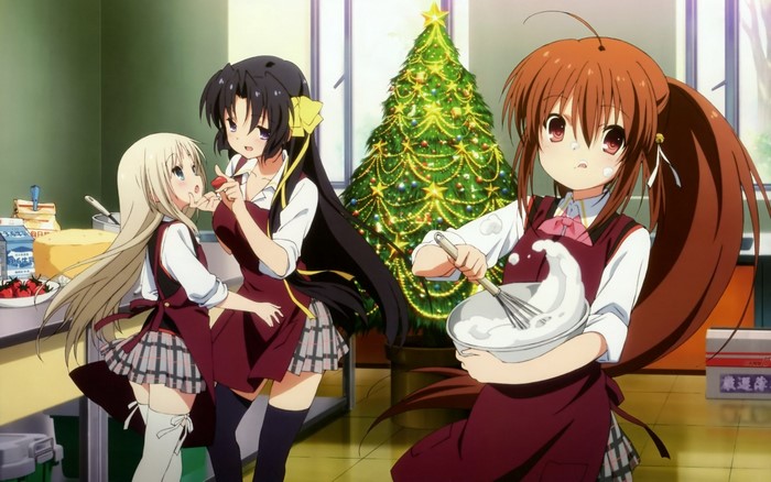 Anime girls baking near a Christmas tree